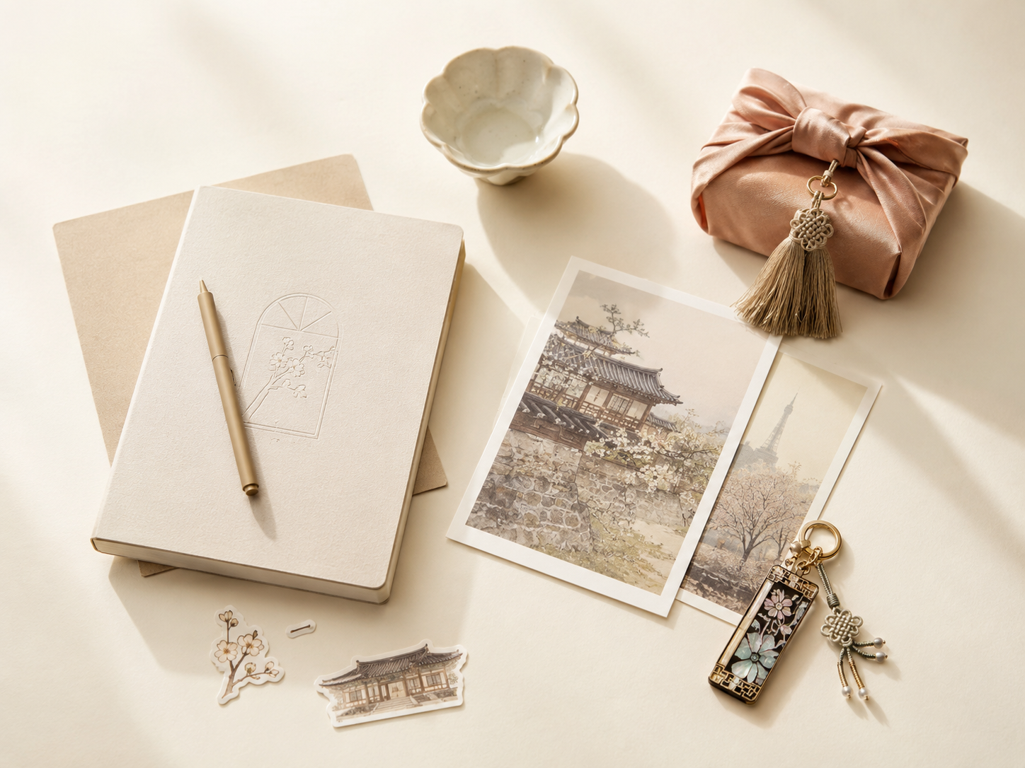 Korean stationery and small objects arranged on a working table