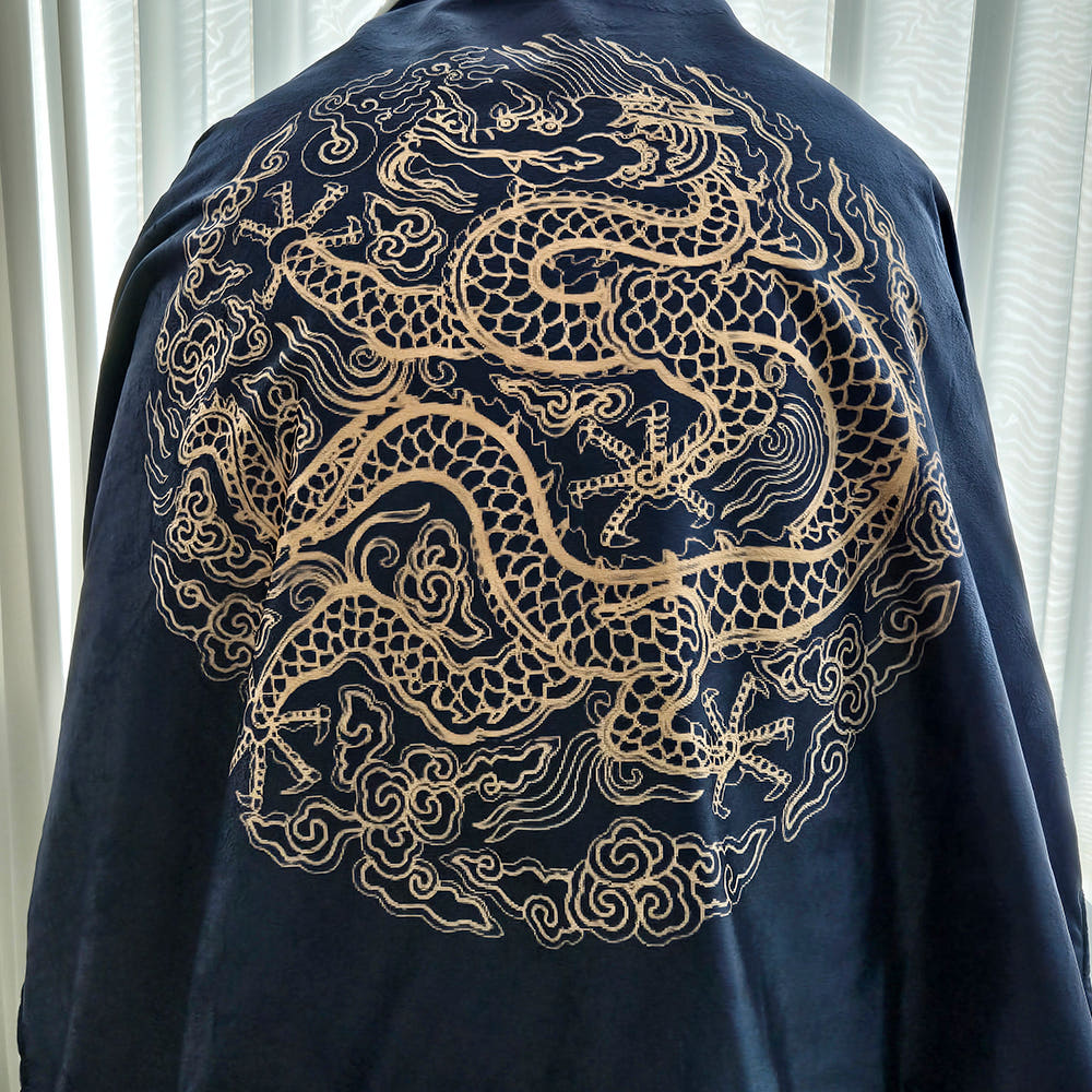 Navy Dragon Embroidered Lap Blanket