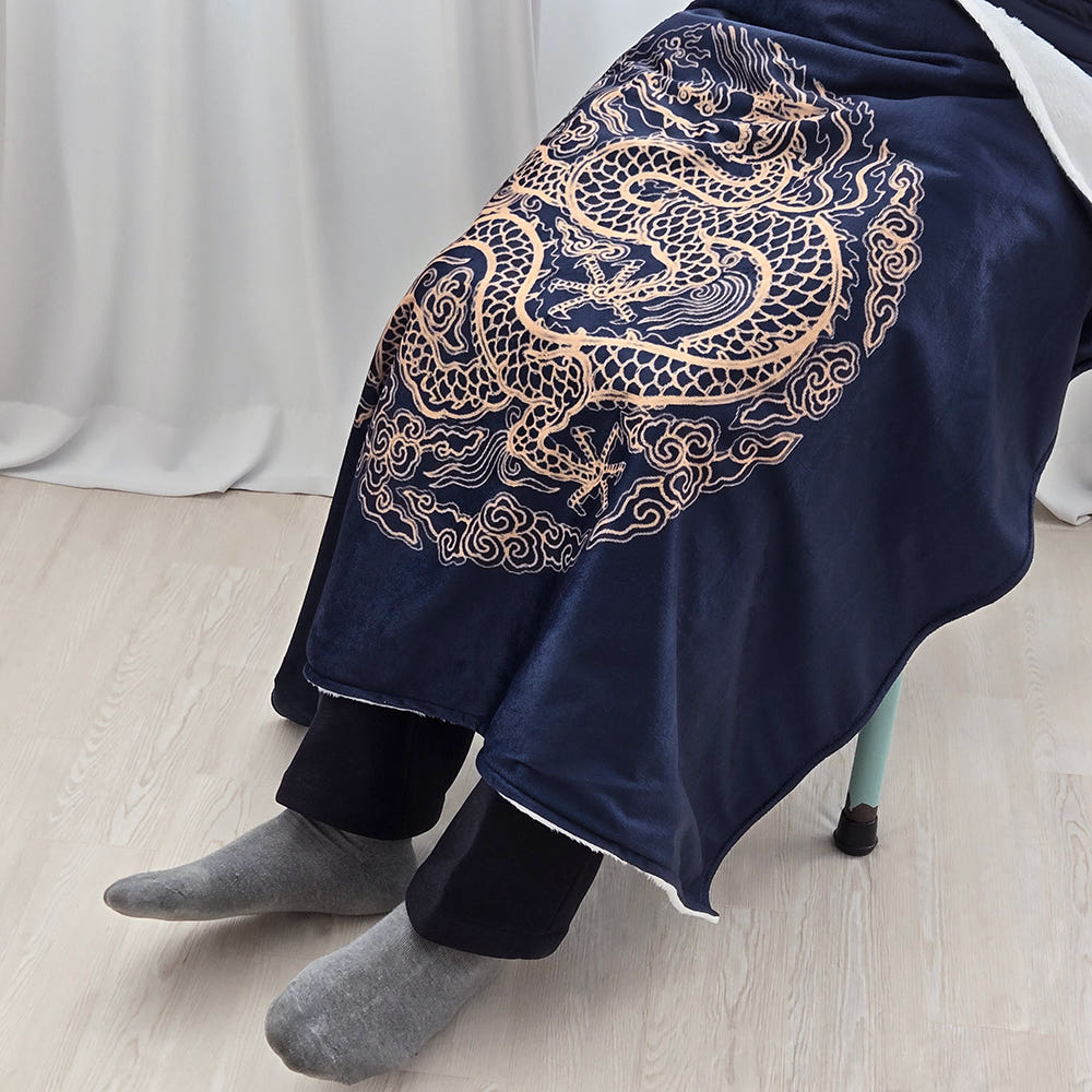 Navy Dragon Embroidered Lap Blanket