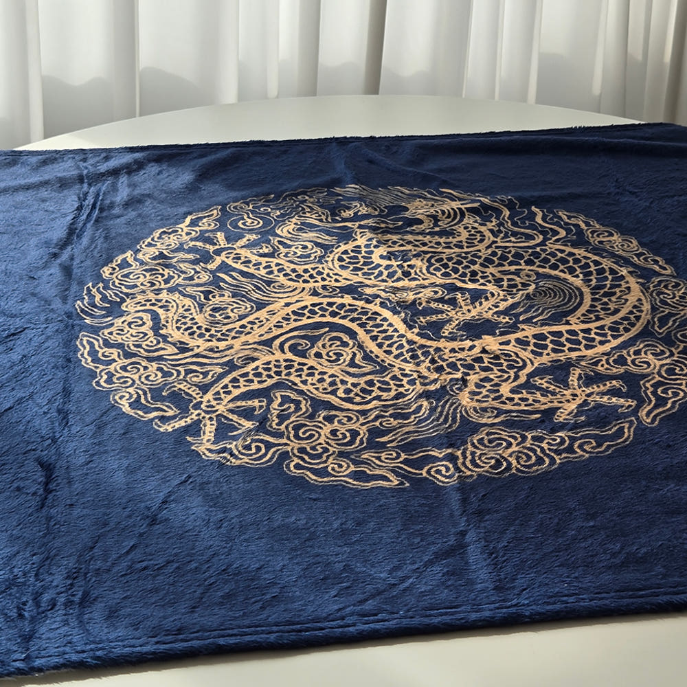 Navy Dragon Embroidered Lap Blanket