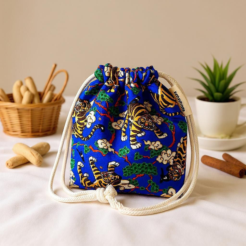Folk Art Tiger and Magpie Drawstring Pouch